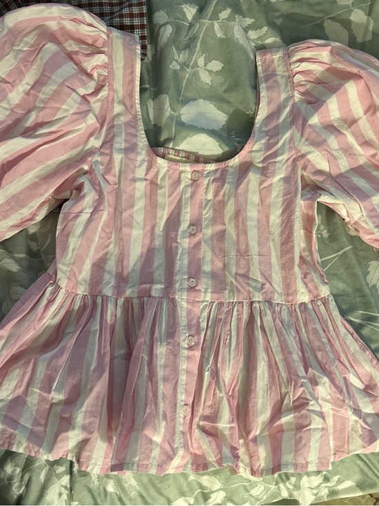 Loeffler Randall Tops - Loeffler Randall Pink and White Striped Puff-Sleeve Peplum Blouse